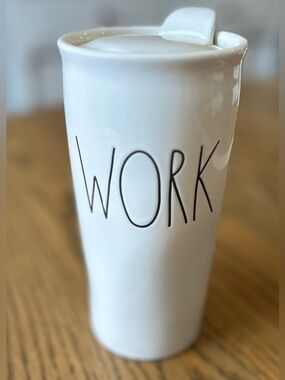 Rae Dunn White Ceramic Travel Mug with Black Lettering “WORK”